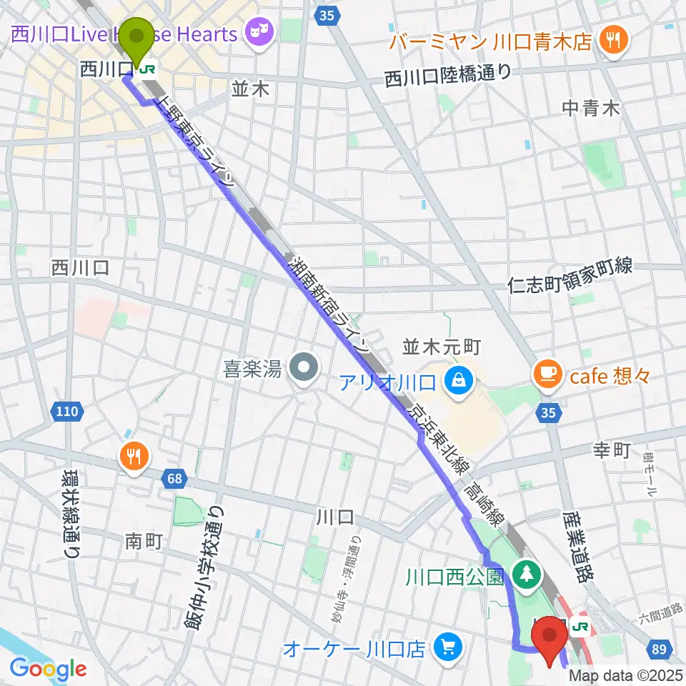 西川口駅から川口総合文化センター・リリアへのルートマップ地図