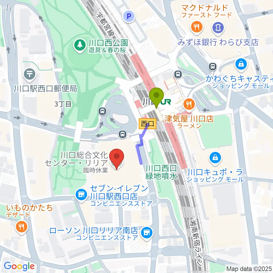 川口総合文化センター・リリアの最寄駅川口駅からの徒歩ルート（約2分）地図