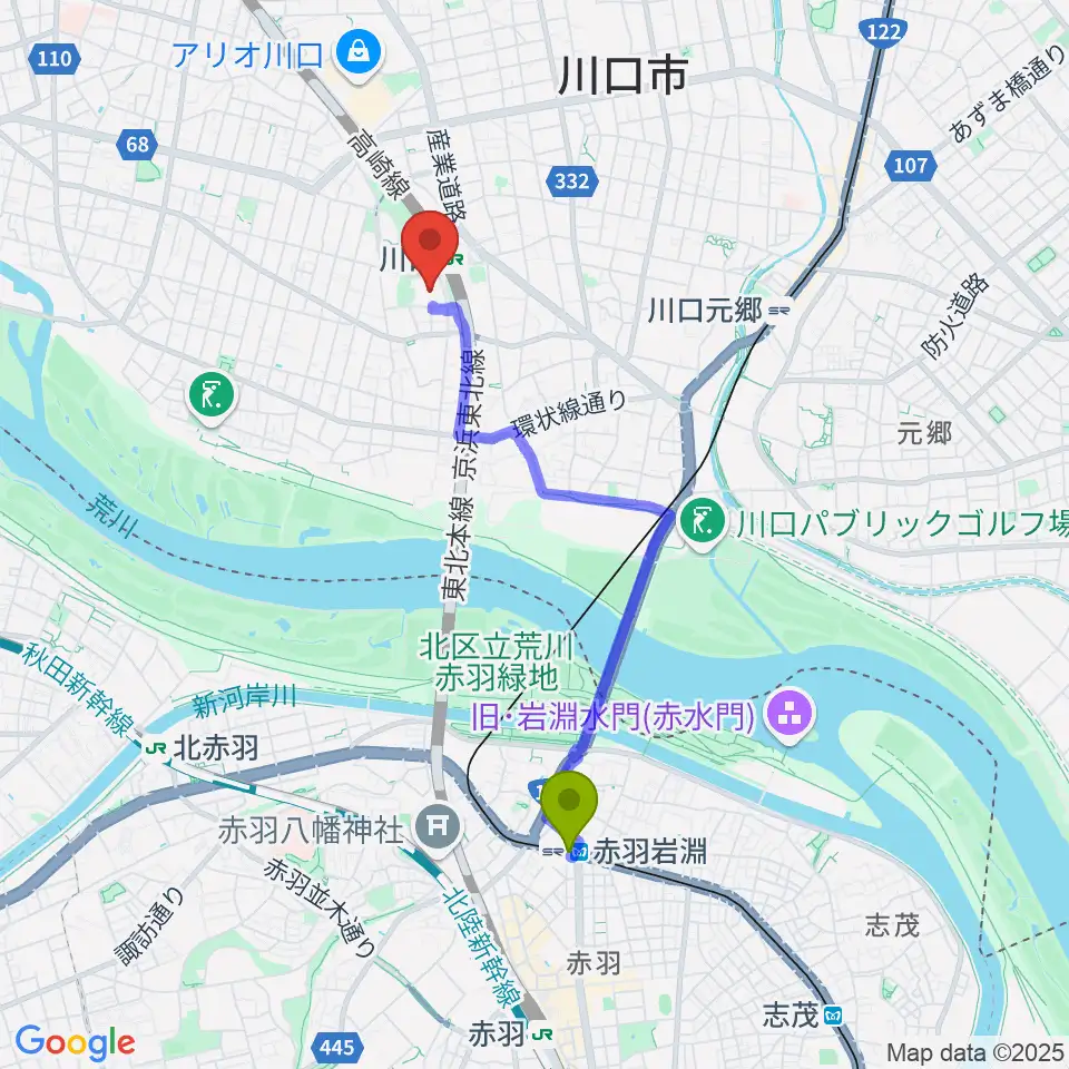 赤羽岩淵駅から川口総合文化センター・リリアへのルートマップ地図