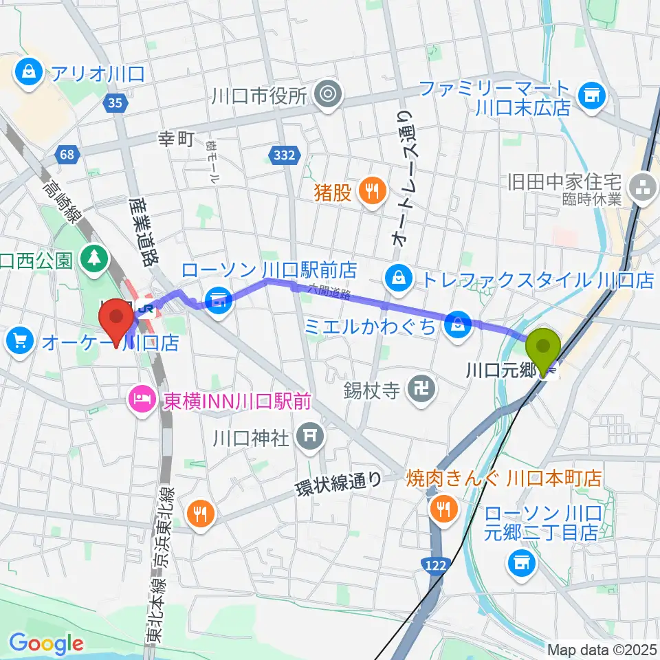 川口元郷駅から川口総合文化センター・リリアへのルートマップ地図