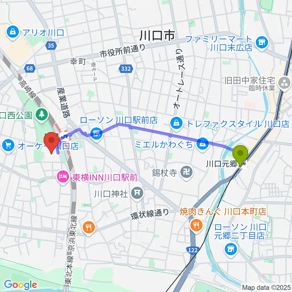 川口元郷駅から川口総合文化センター・リリアへのルートマップ地図