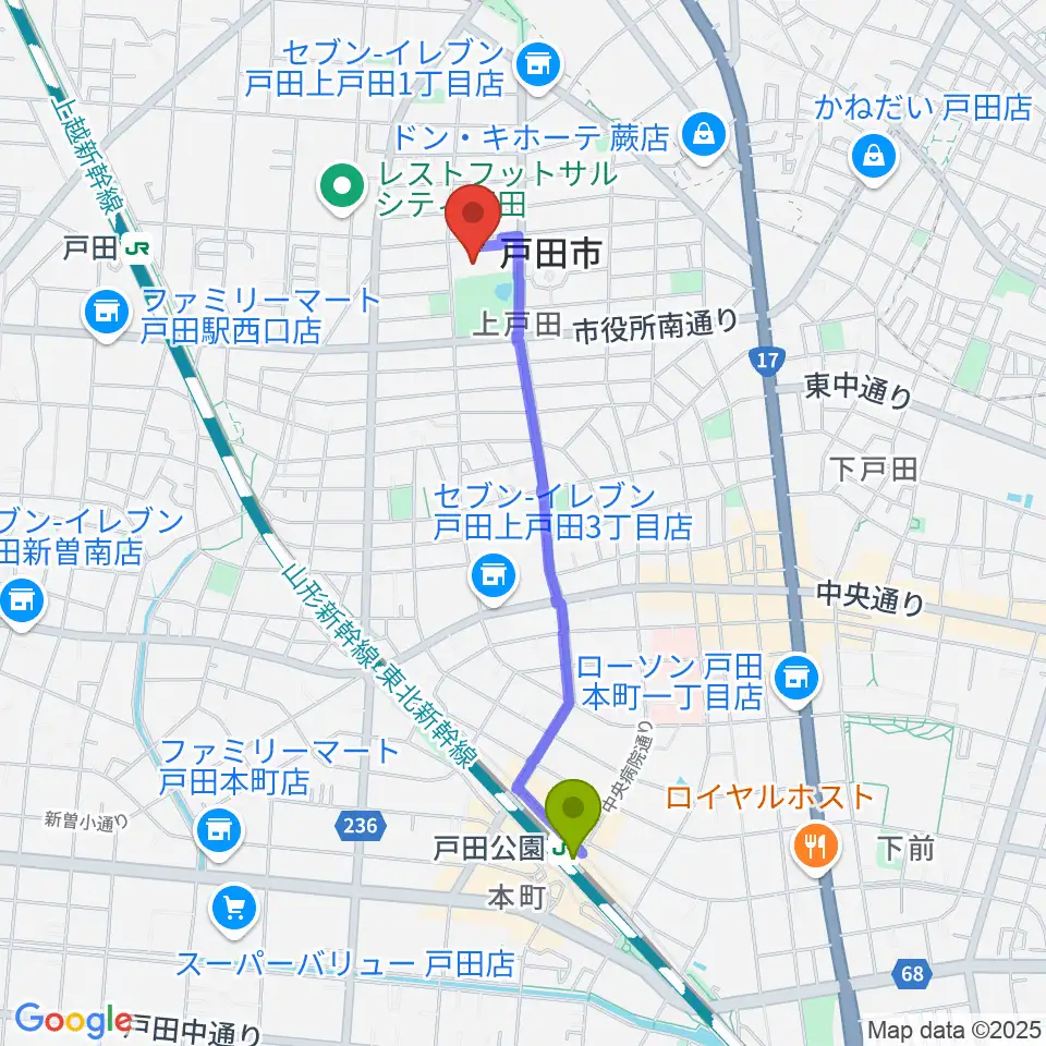 戸田公園駅から戸田市文化会館へのルートマップ地図