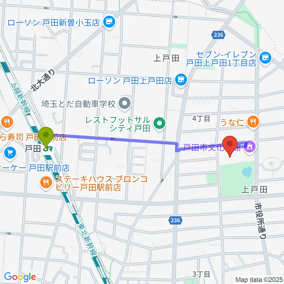 戸田市文化会館の最寄駅戸田駅からの徒歩ルート（約10分）地図