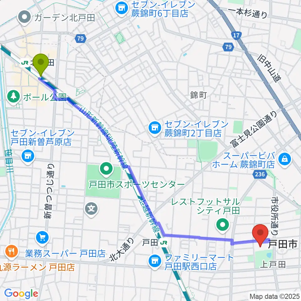 北戸田駅から戸田市文化会館へのルートマップ地図