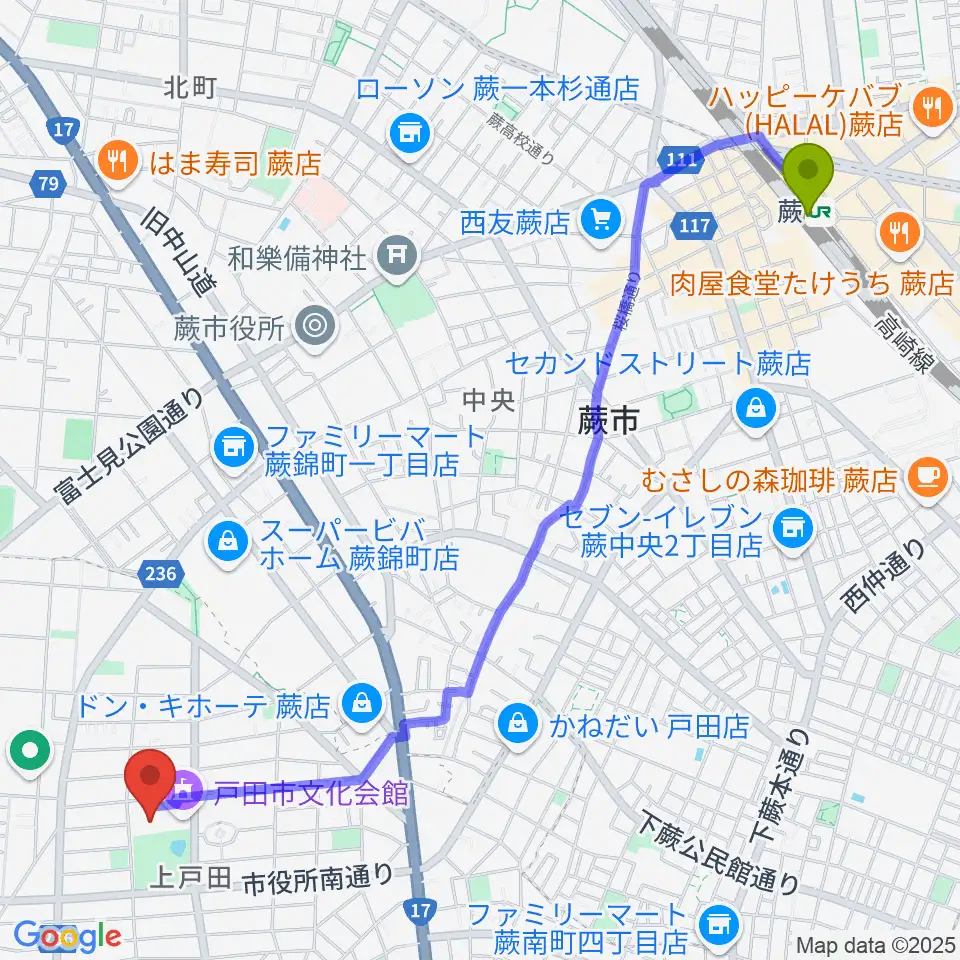 蕨駅から戸田市文化会館へのルートマップ地図