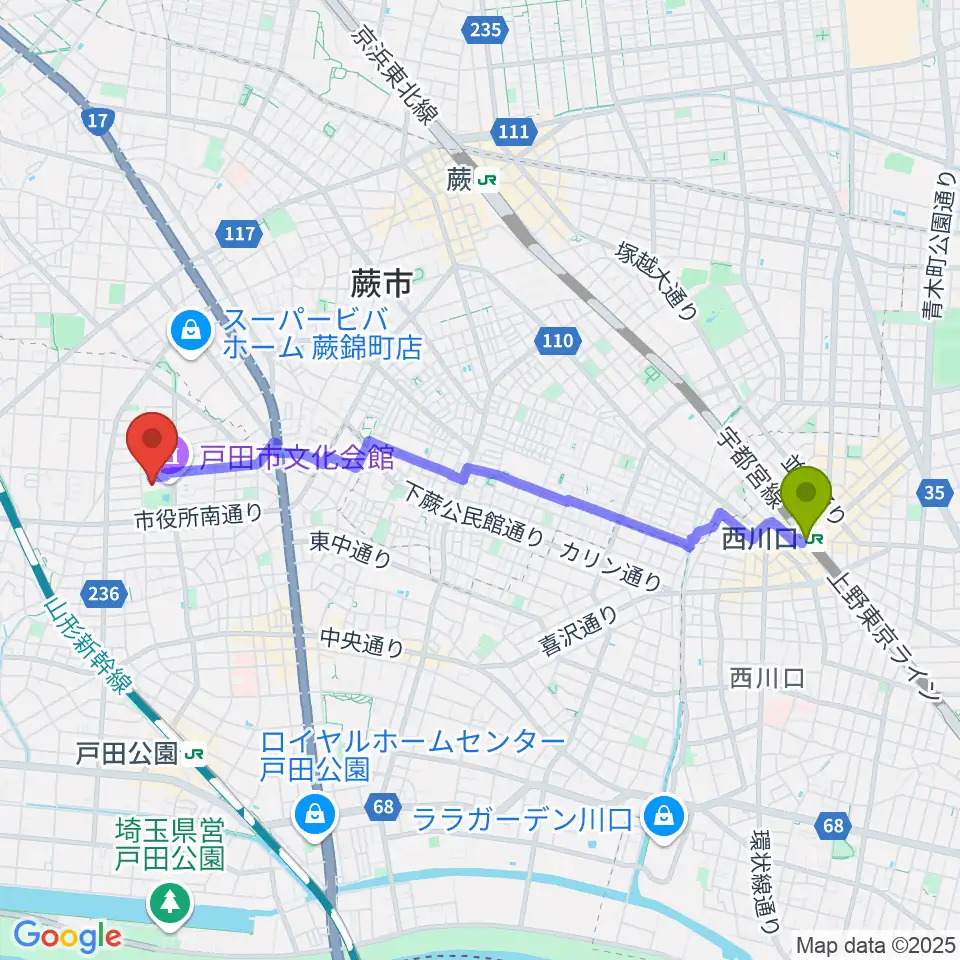 西川口駅から戸田市文化会館へのルートマップ地図
