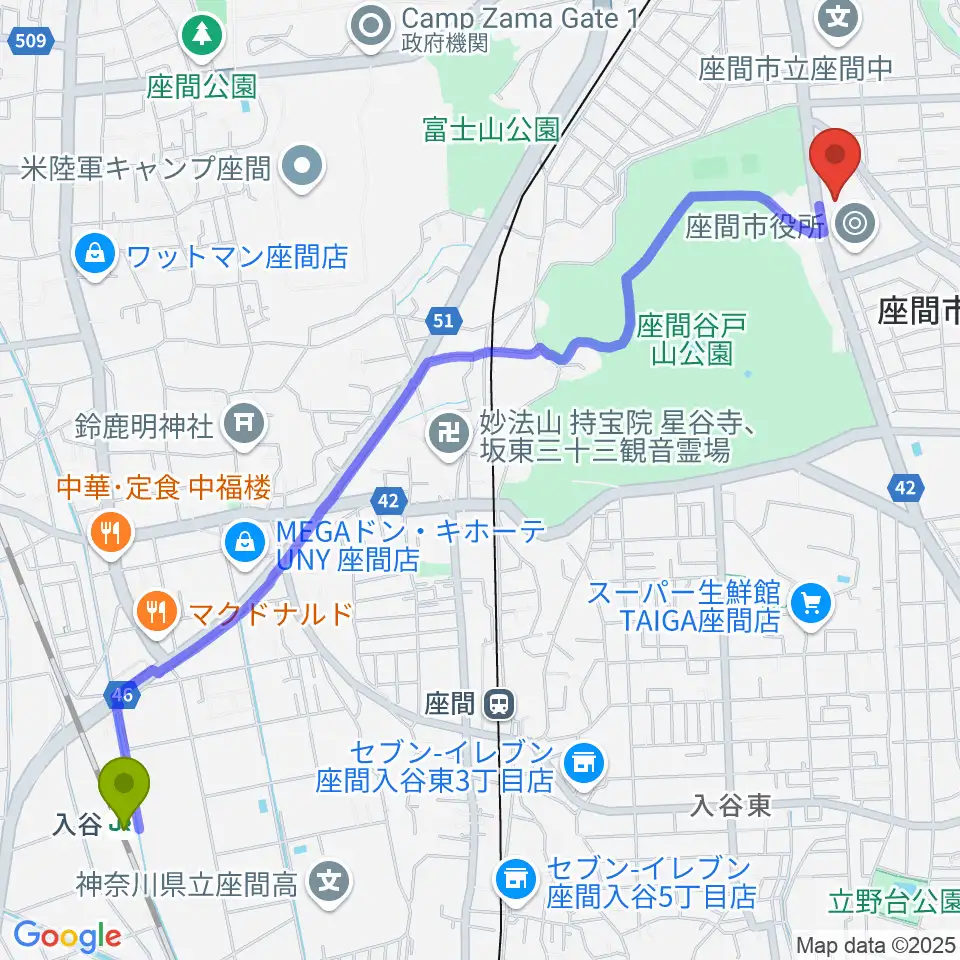 入谷駅からハーモニーホール座間へのルートマップ地図