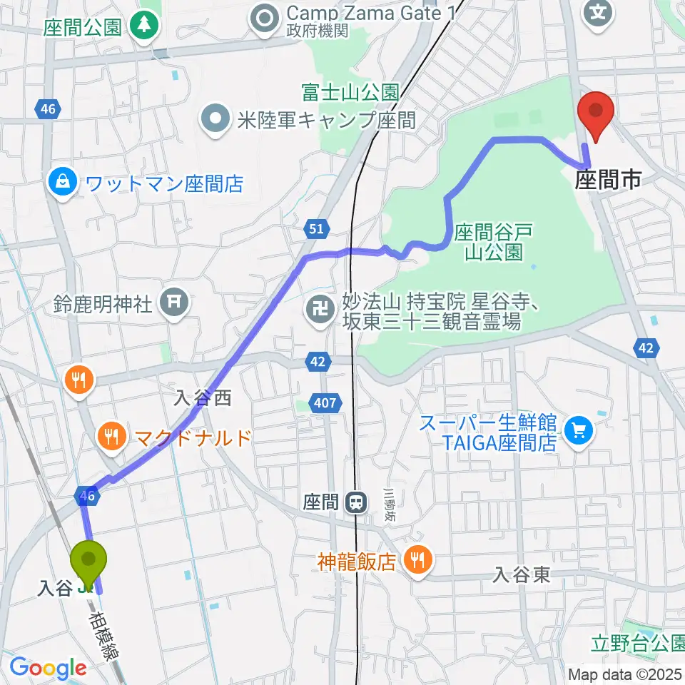 入谷駅からハーモニーホール座間へのルートマップ地図