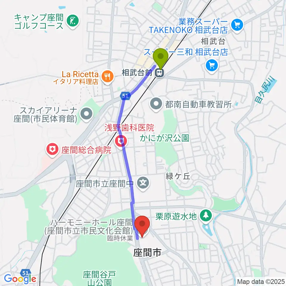 ハーモニーホール座間の最寄駅相武台前駅からの徒歩ルート（約18分）地図