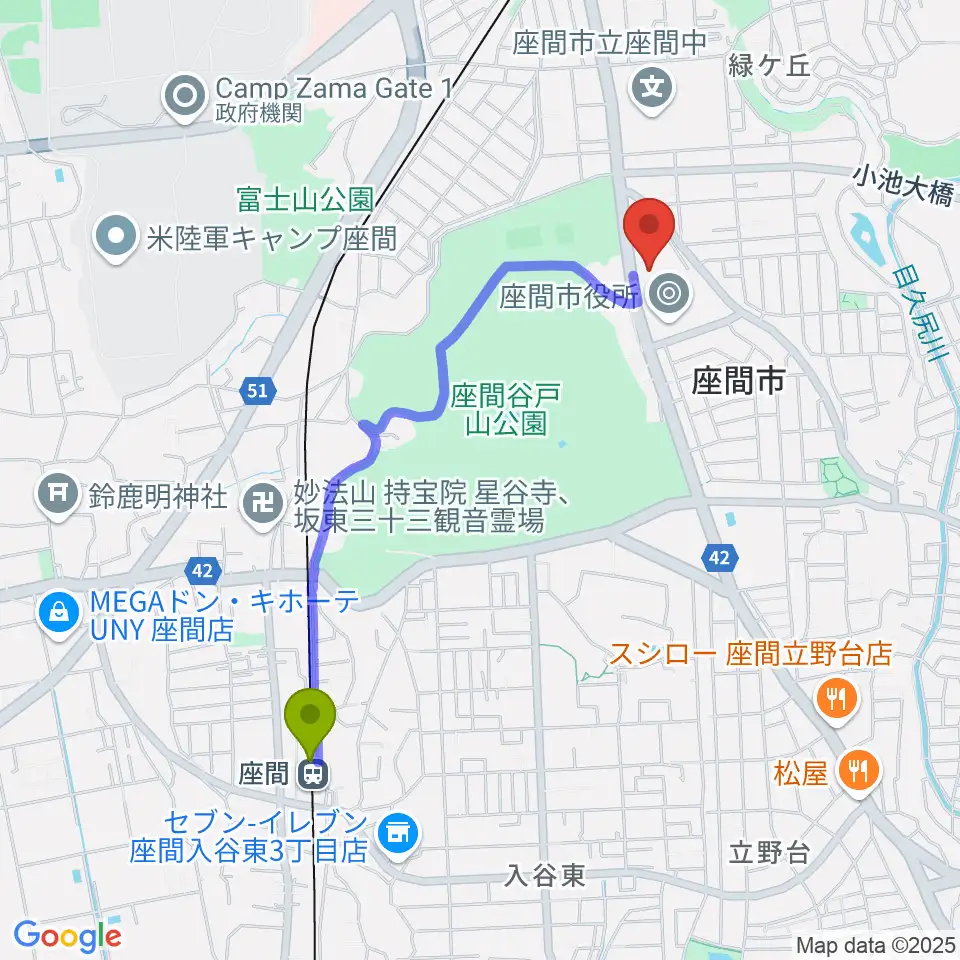 座間駅からハーモニーホール座間へのルートマップ地図