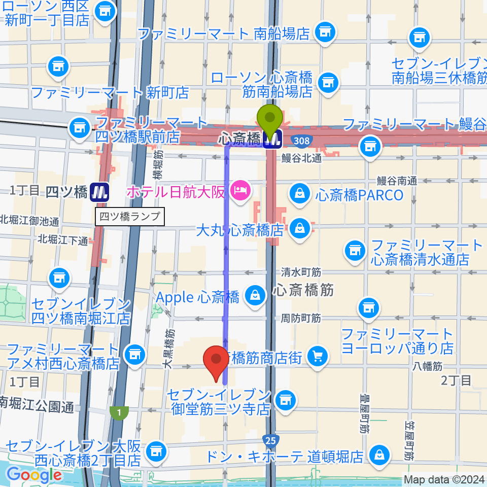 心斎橋駅からBar菩南座（ぼなんざ）へのルートマップ地図