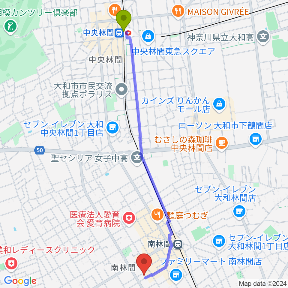 中央林間駅から南林間ハイダウェイへのルートマップ地図