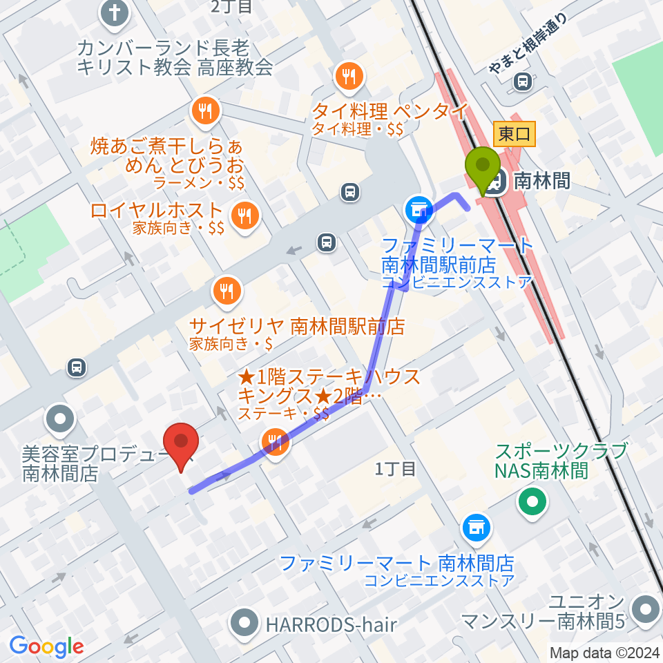 南林間ハイダウェイの最寄駅南林間駅からの徒歩ルート（約5分）地図