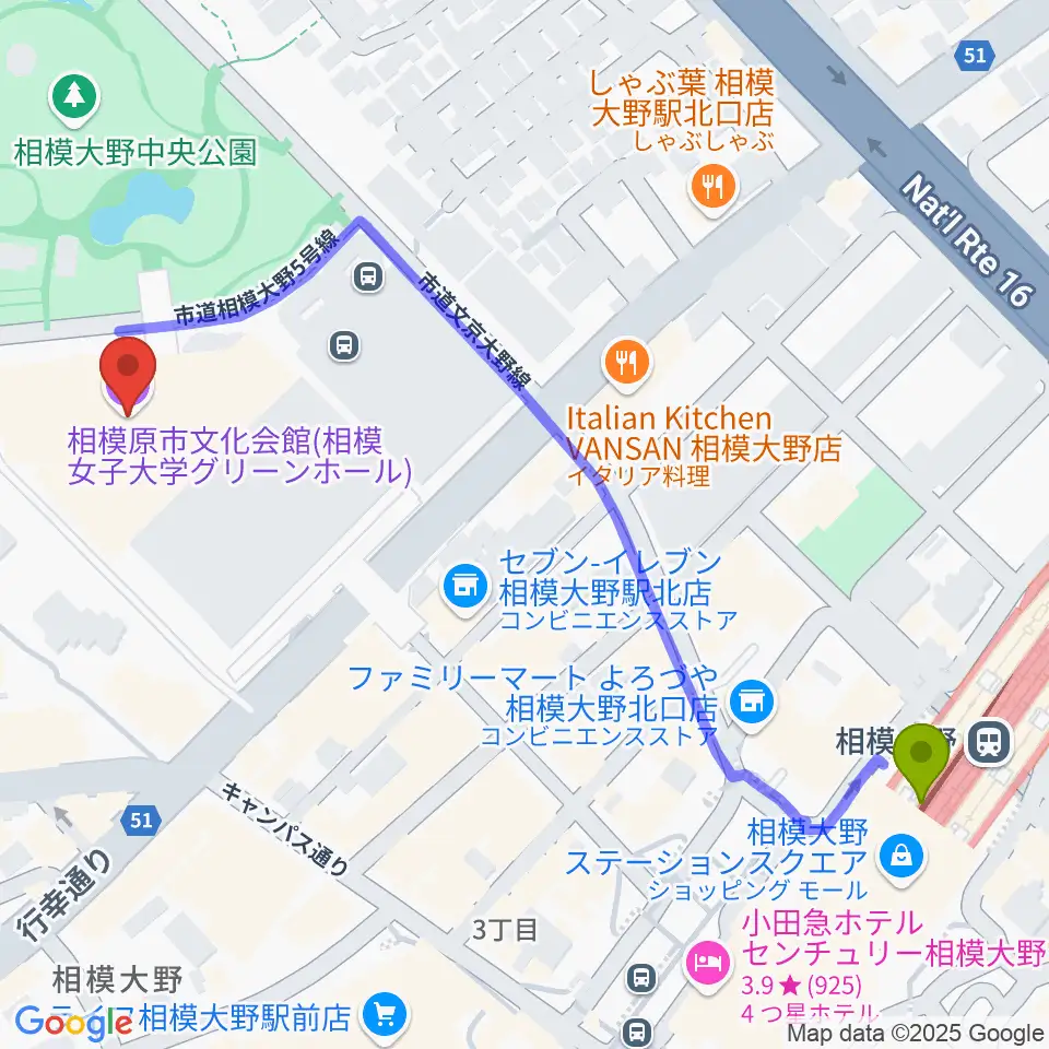 相模女子大学グリーンホールの最寄駅相模大野駅からの徒歩ルート（約7分）地図