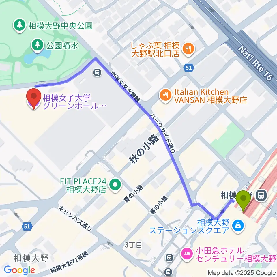 相模女子大学グリーンホールの最寄駅相模大野駅からの徒歩ルート（約7分）地図