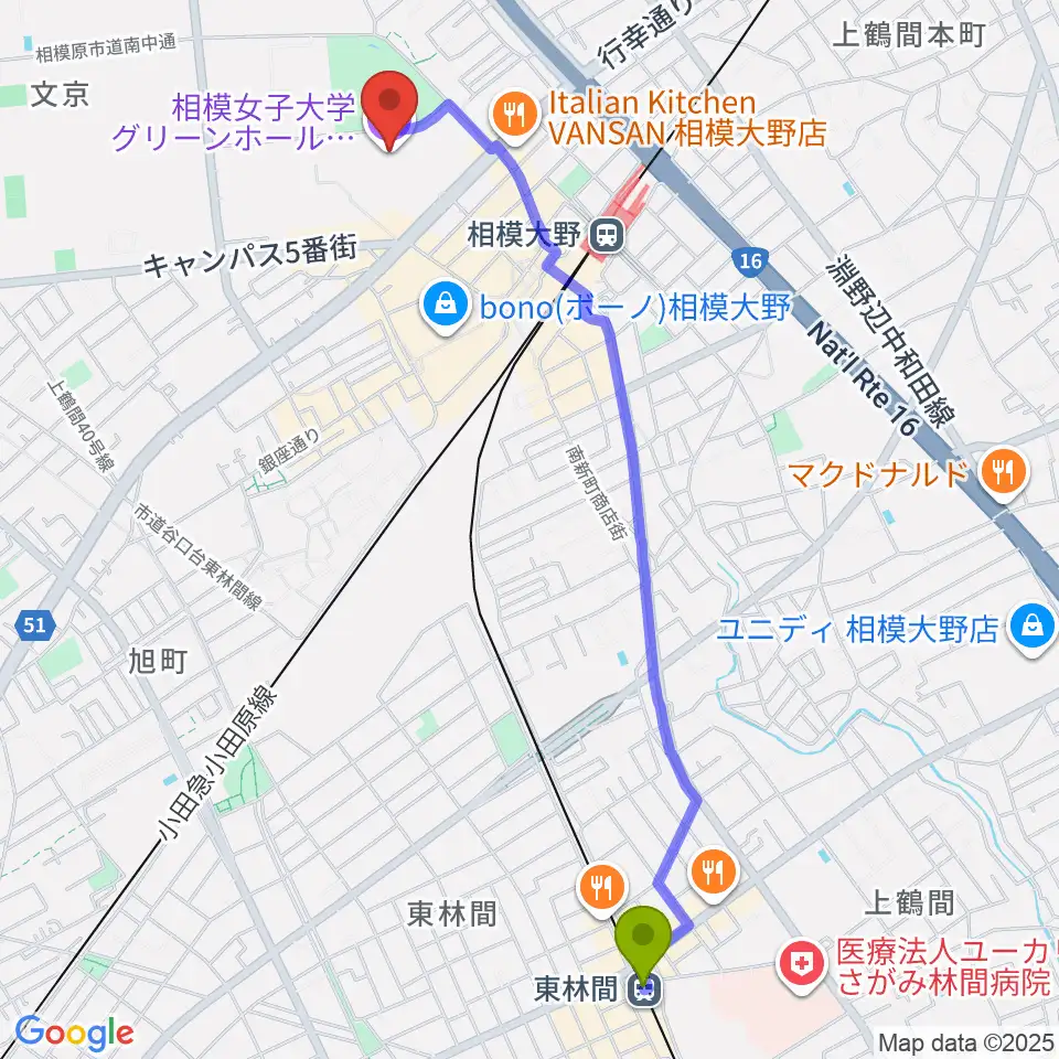 東林間駅から相模女子大学グリーンホールへのルートマップ地図