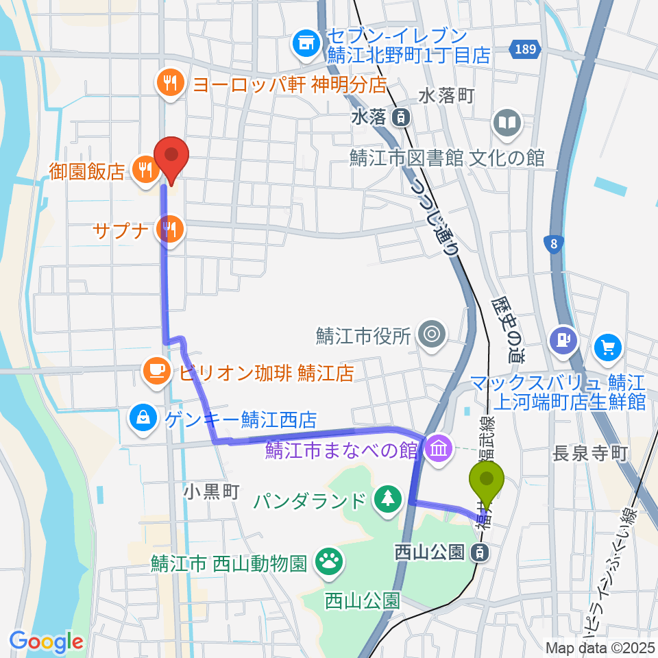 西山公園駅からmoduul モジュールへのルートマップ地図