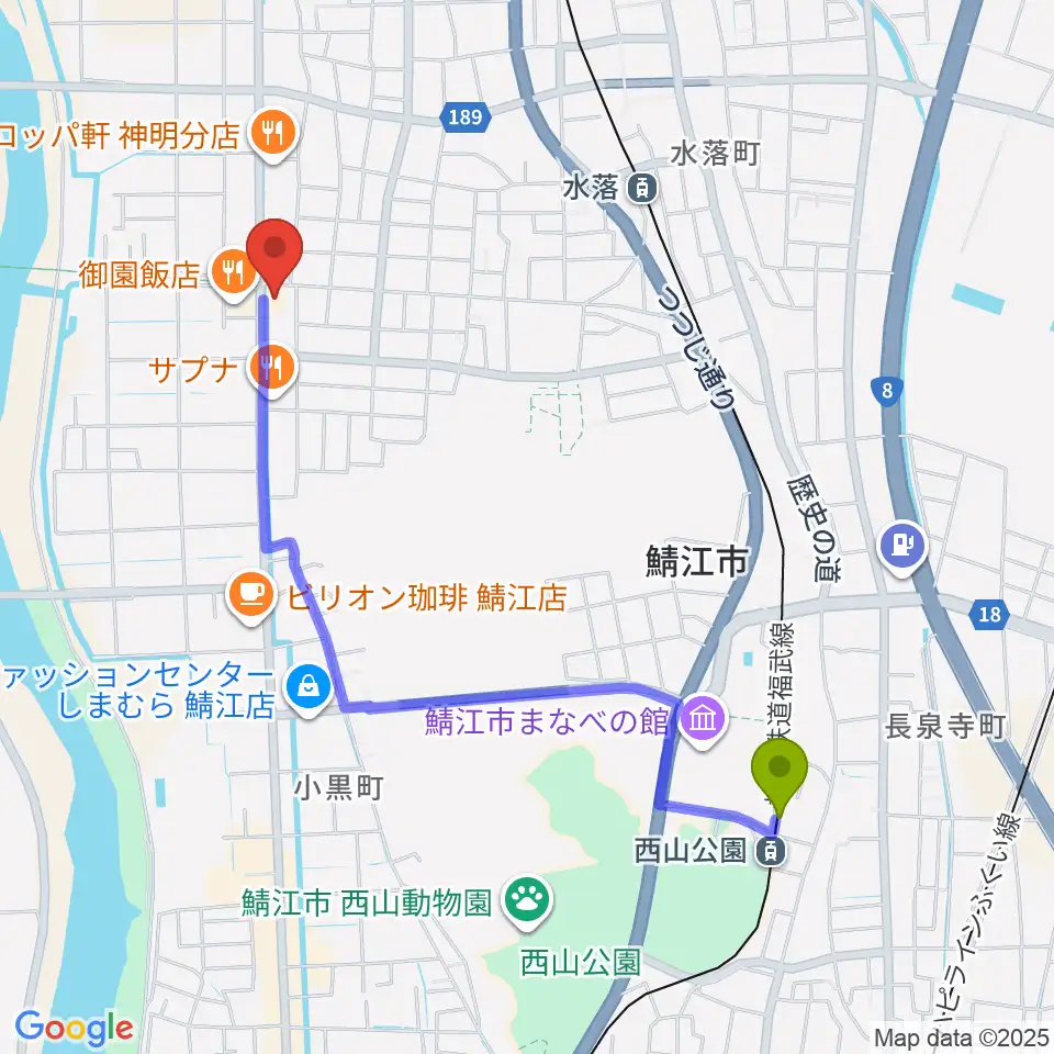 西山公園駅からmoduul モジュールへのルートマップ地図