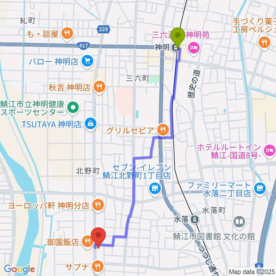 神明駅からmoduul モジュールへのルートマップ地図