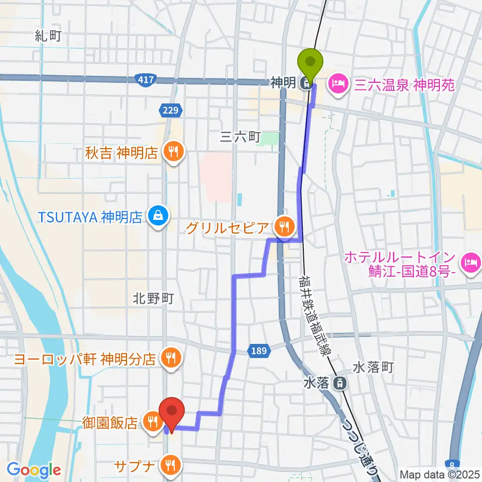 神明駅からmoduul モジュールへのルートマップ地図