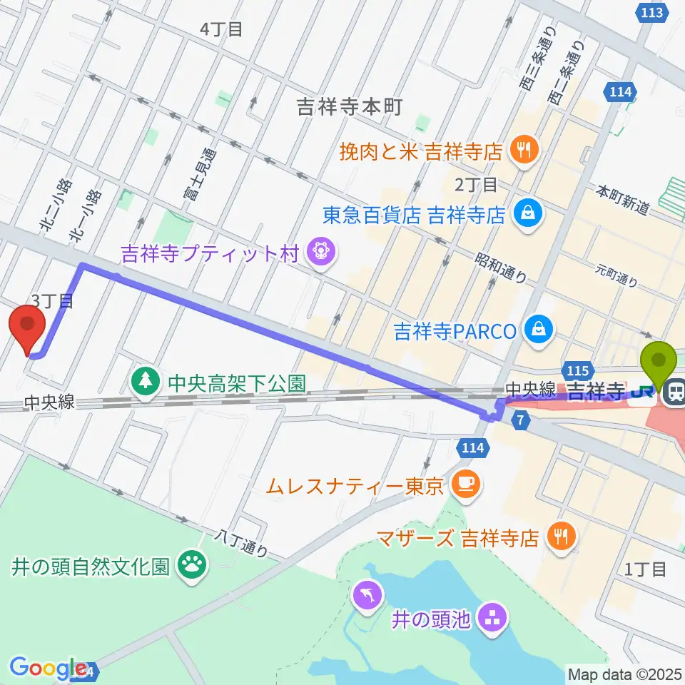 吉祥寺 江戸前レコーディングスの最寄駅吉祥寺駅からの徒歩ルート（約14分）地図