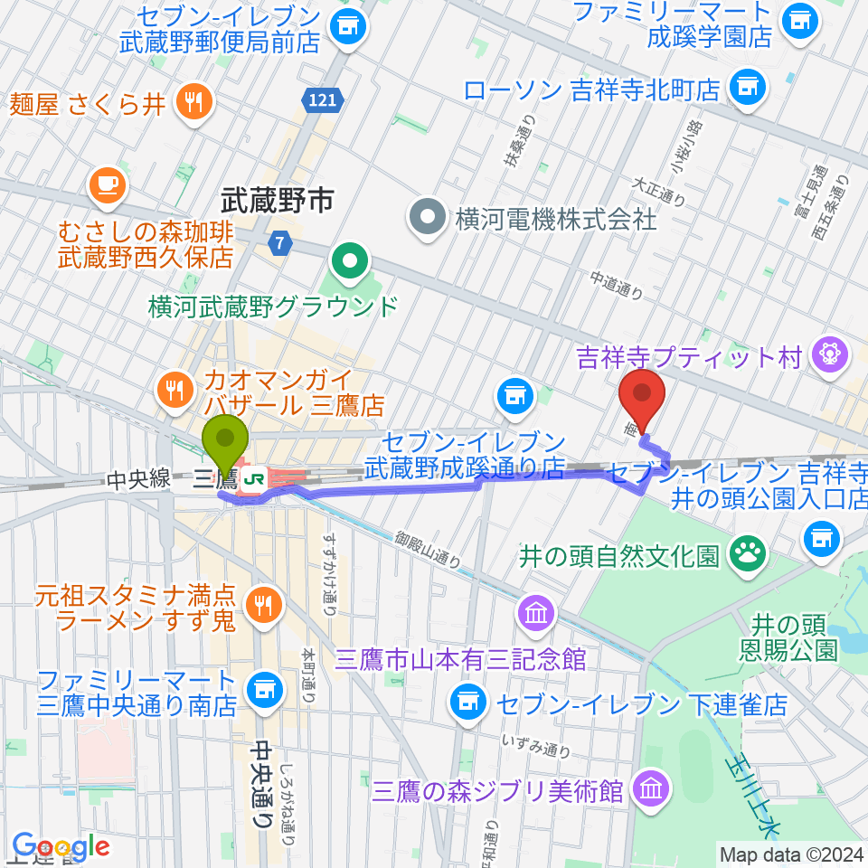 三鷹駅から吉祥寺 江戸前レコーディングスへのルートマップ地図