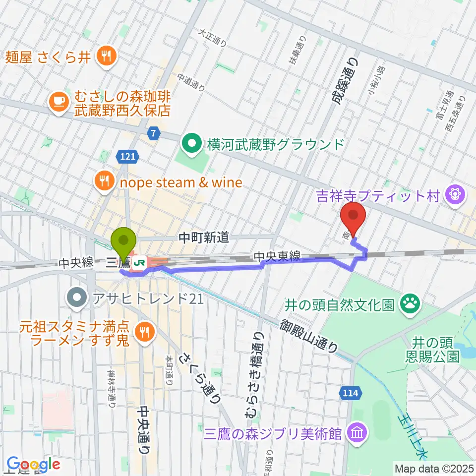 三鷹駅から吉祥寺 江戸前レコーディングスへのルートマップ地図