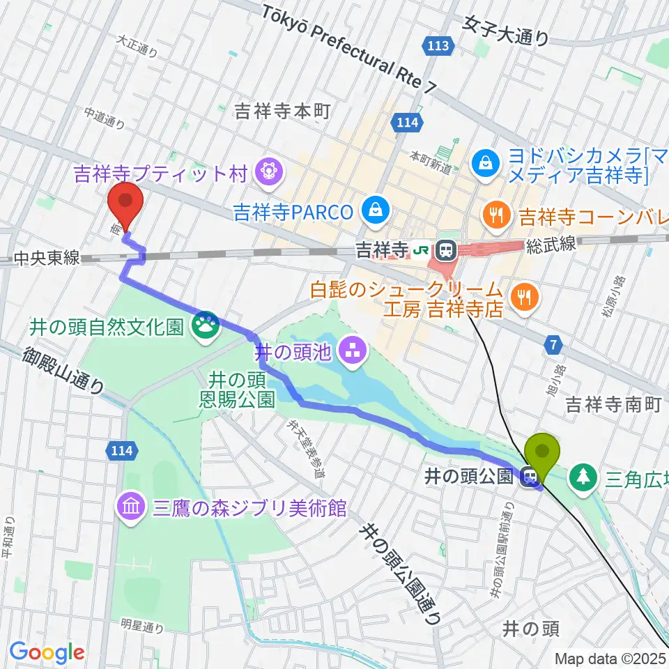 井の頭公園駅から吉祥寺 江戸前レコーディングスへのルートマップ地図
