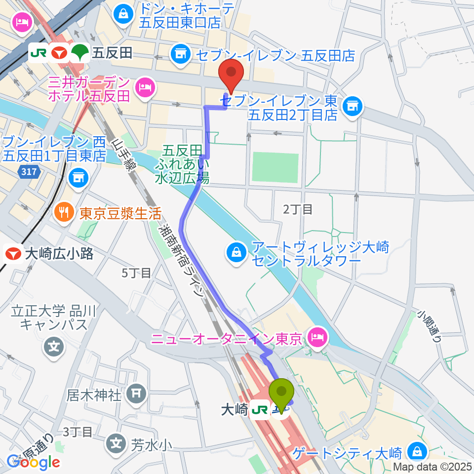 大崎駅から山口綾規スタジオへのルートマップ地図