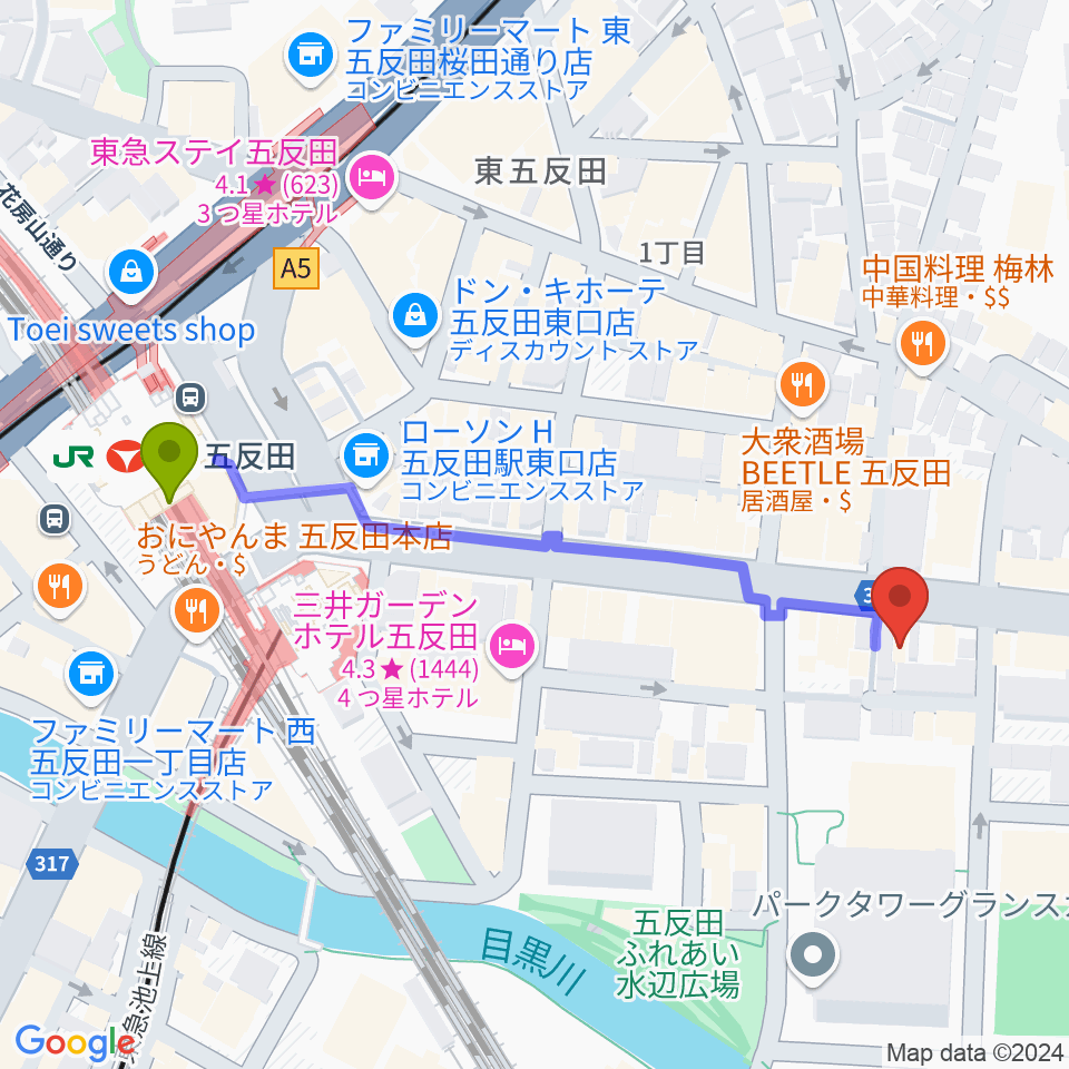 山口綾規スタジオの最寄駅五反田駅からの徒歩ルート（約5分）地図