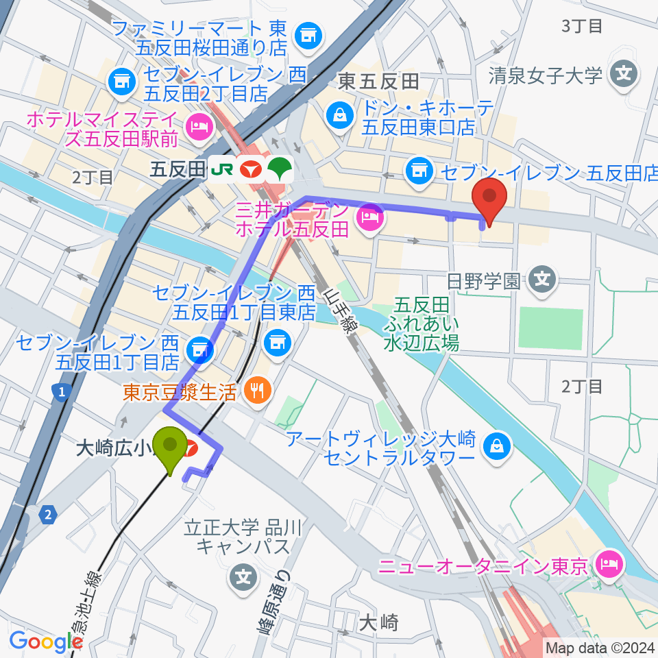 大崎広小路駅から山口綾規スタジオへのルートマップ地図