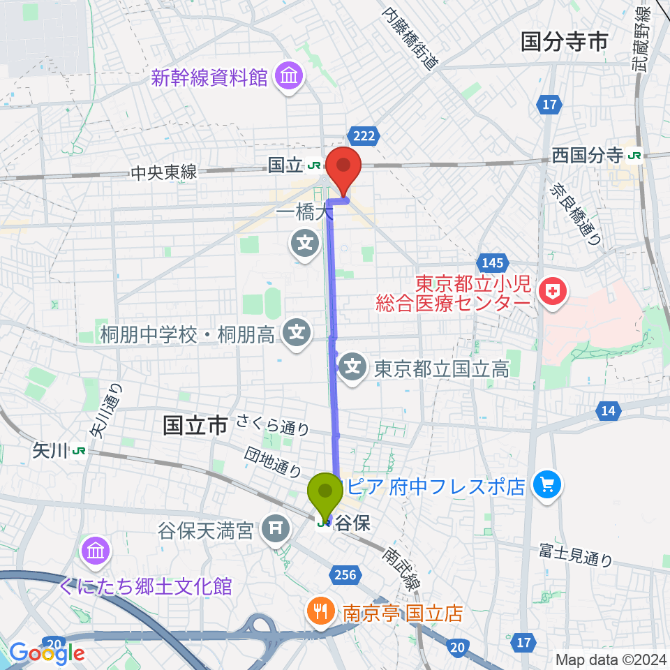 谷保駅からハーバーライトへのルートマップ地図