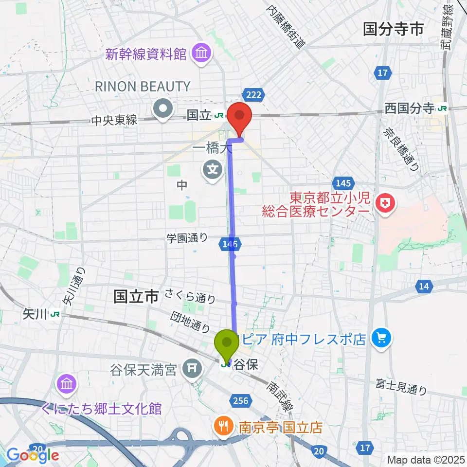 谷保駅からハーバーライトへのルートマップ地図