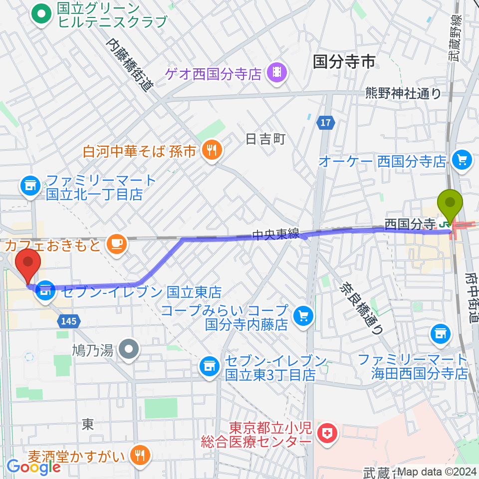 西国分寺駅からハーバーライトへのルートマップ地図