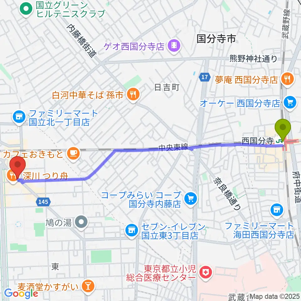 西国分寺駅からハーバーライトへのルートマップ地図