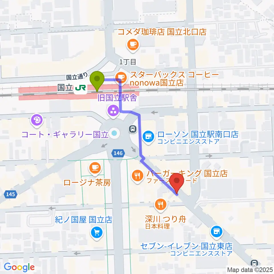 ハーバーライトの最寄駅国立駅からの徒歩ルート（約4分）地図