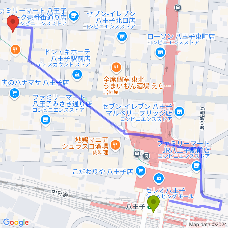 びー玉の最寄駅八王子駅からの徒歩ルート（約8分）地図