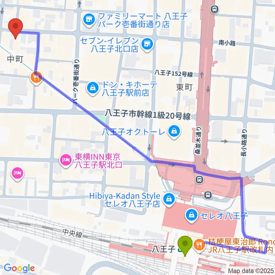 びー玉の最寄駅八王子駅からの徒歩ルート（約8分）地図