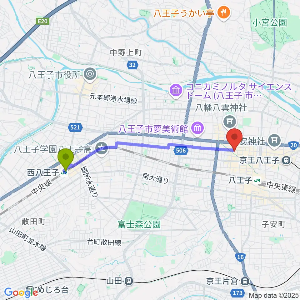 西八王子駅からびー玉へのルートマップ地図