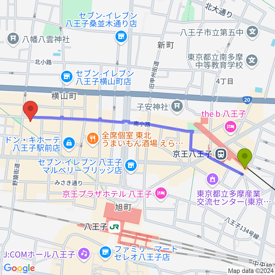 京王八王子駅からびー玉へのルートマップ地図