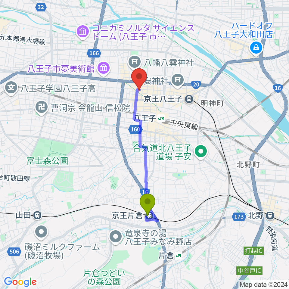 京王片倉駅からびー玉へのルートマップ地図