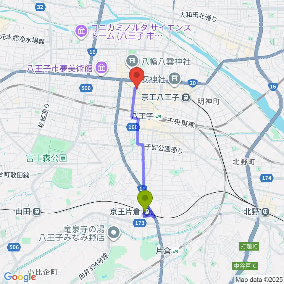京王片倉駅からびー玉へのルートマップ地図