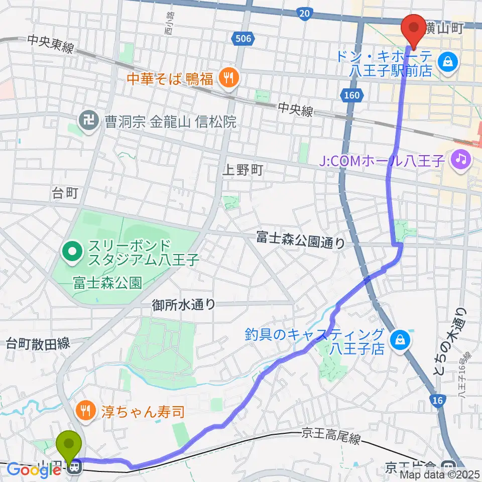 山田駅からびー玉へのルートマップ地図