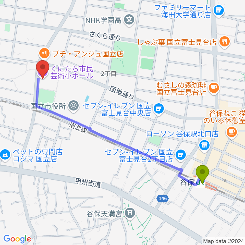 くにたち市民芸術小ホールの最寄駅谷保駅からの徒歩ルート（約12分）地図