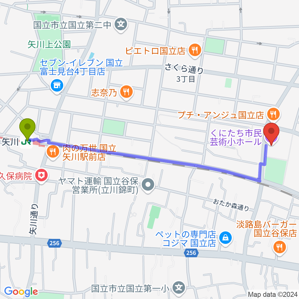 矢川駅からくにたち市民芸術小ホールへのルートマップ地図