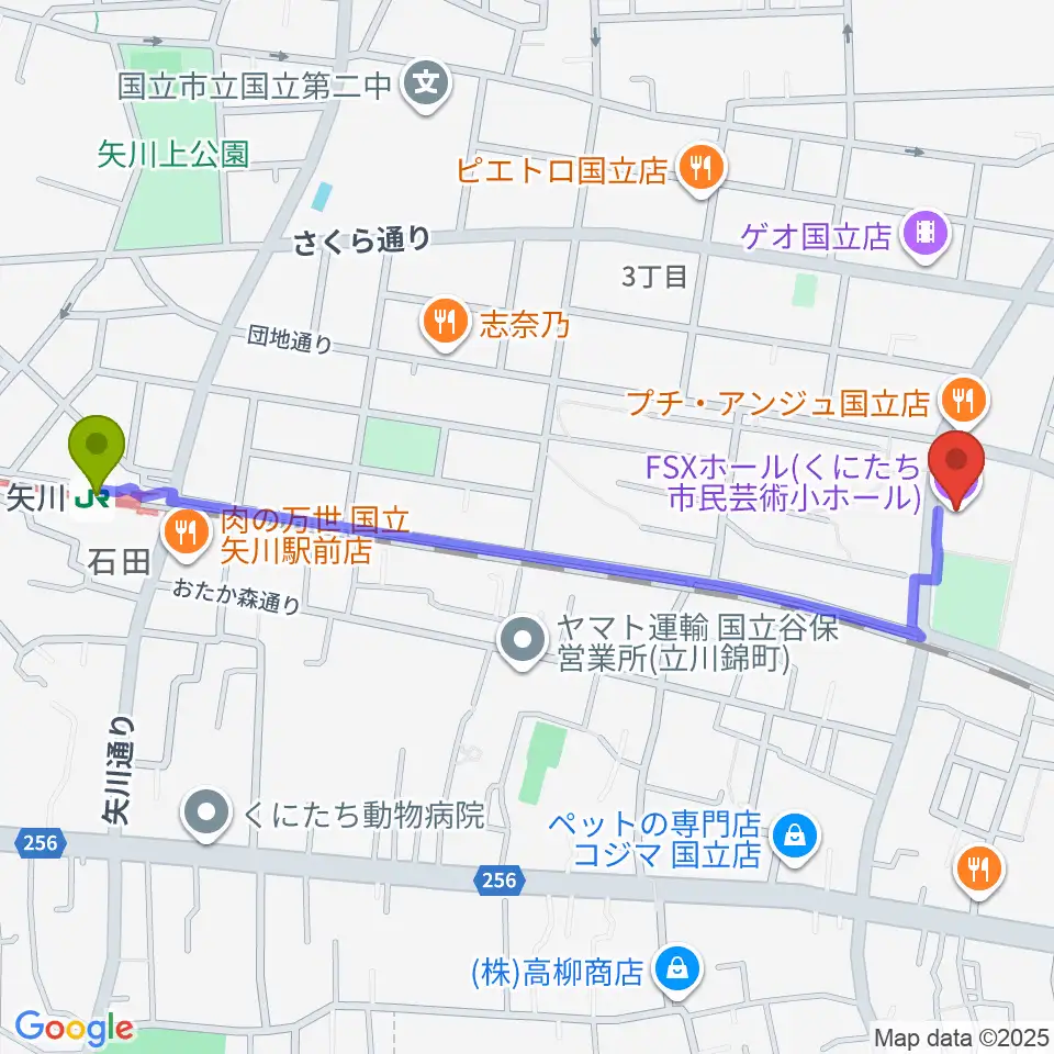 矢川駅からFSXホールへのルートマップ地図