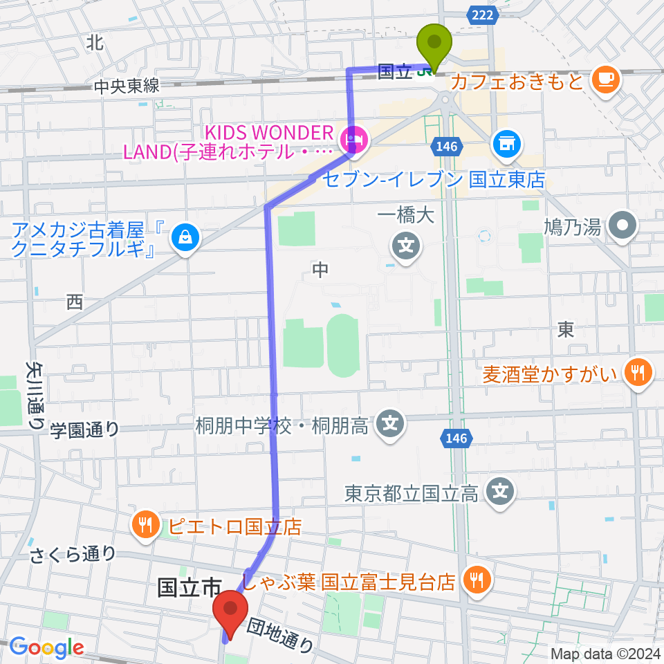 国立駅からくにたち市民芸術小ホールへのルートマップ地図