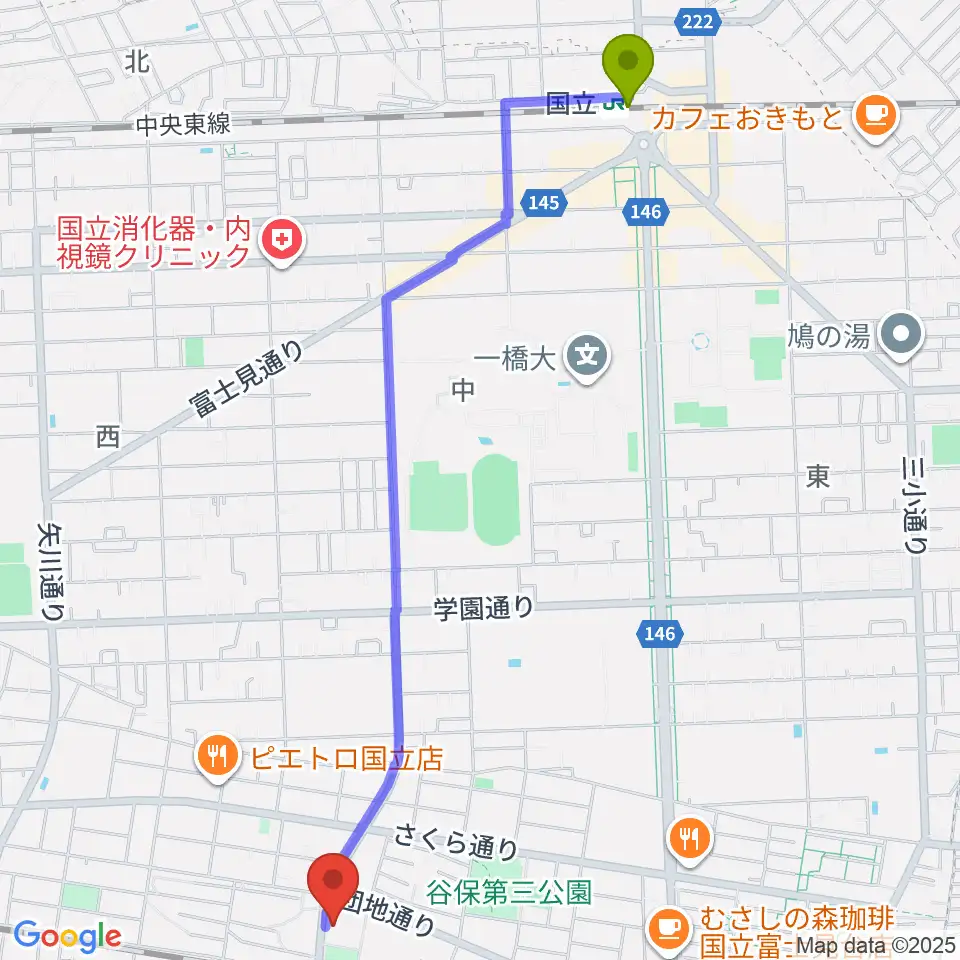 国立駅からFSXホールへのルートマップ地図