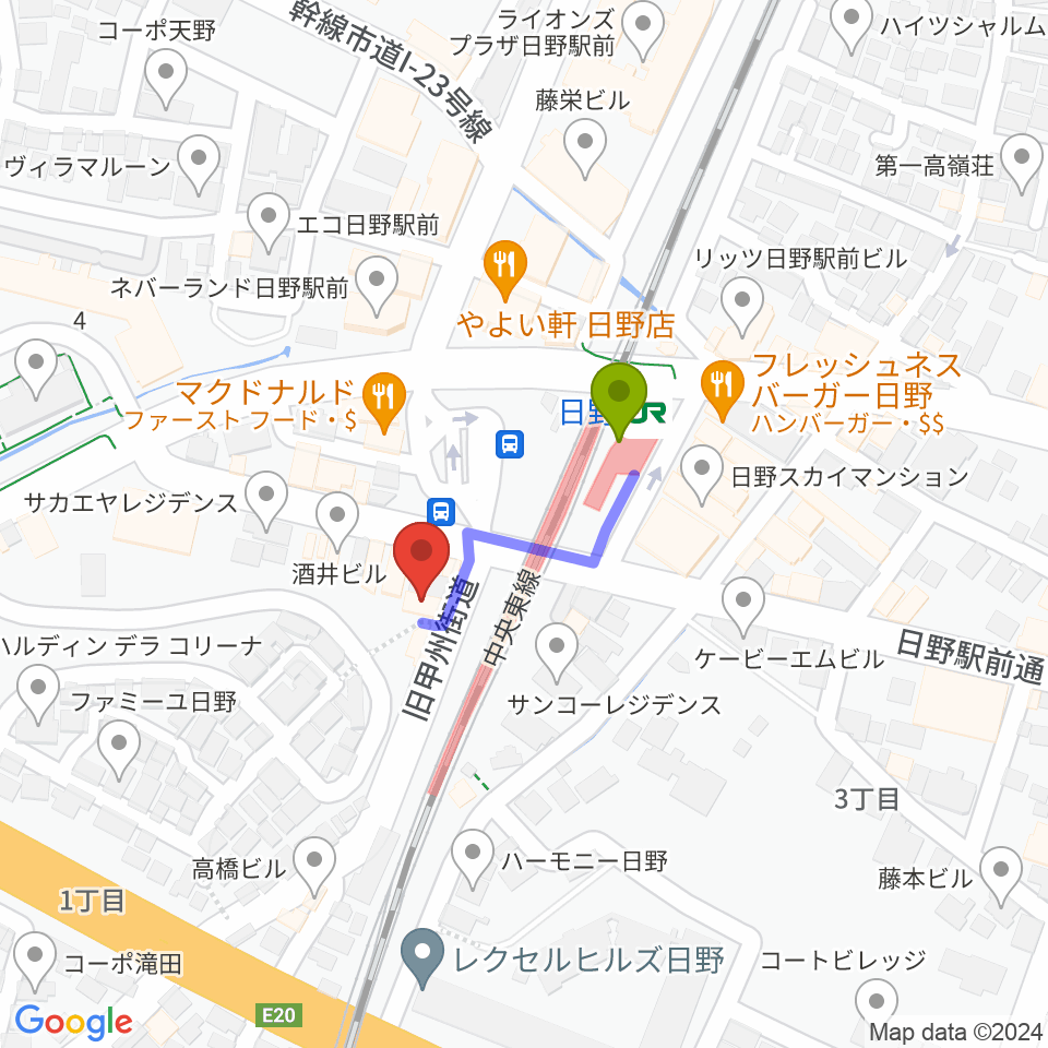 SoulKの最寄駅日野駅からの徒歩ルート（約2分）地図