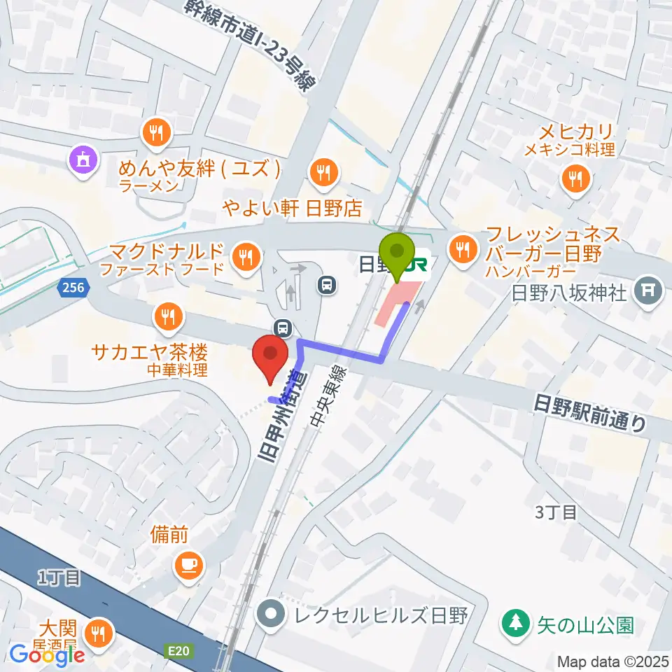 SoulKの最寄駅日野駅からの徒歩ルート（約2分）地図